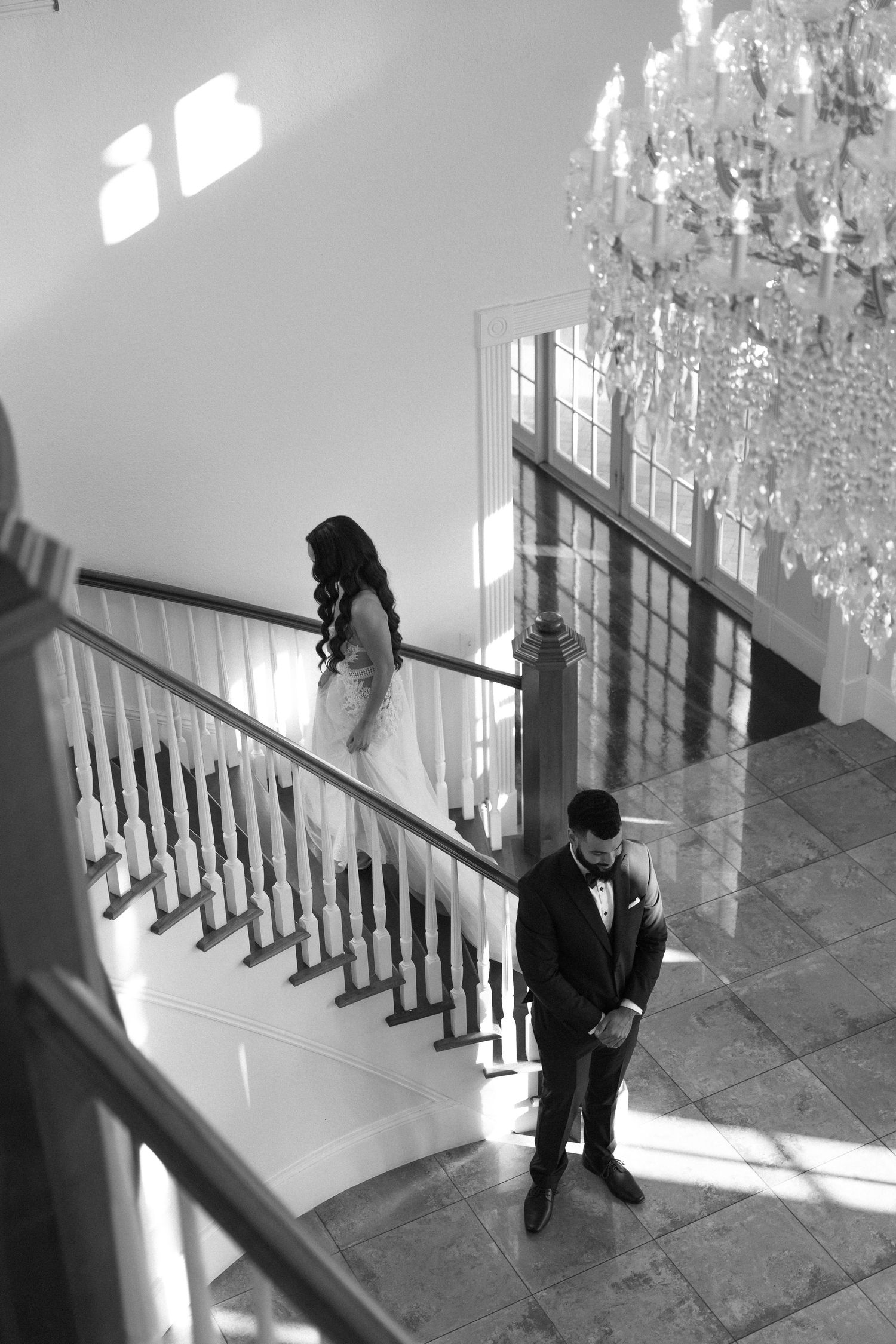 photo of the bride and groom on a beautiful antic looking staircase