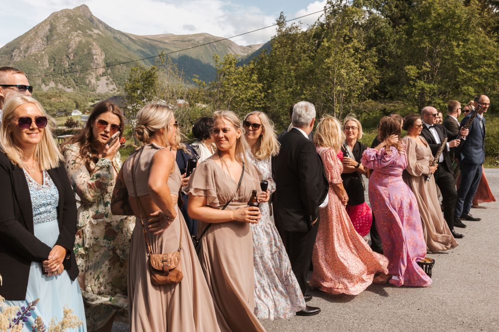 Wedding guests in formal attire and colorful dresses line up outdoors with mountains in the backdrop.