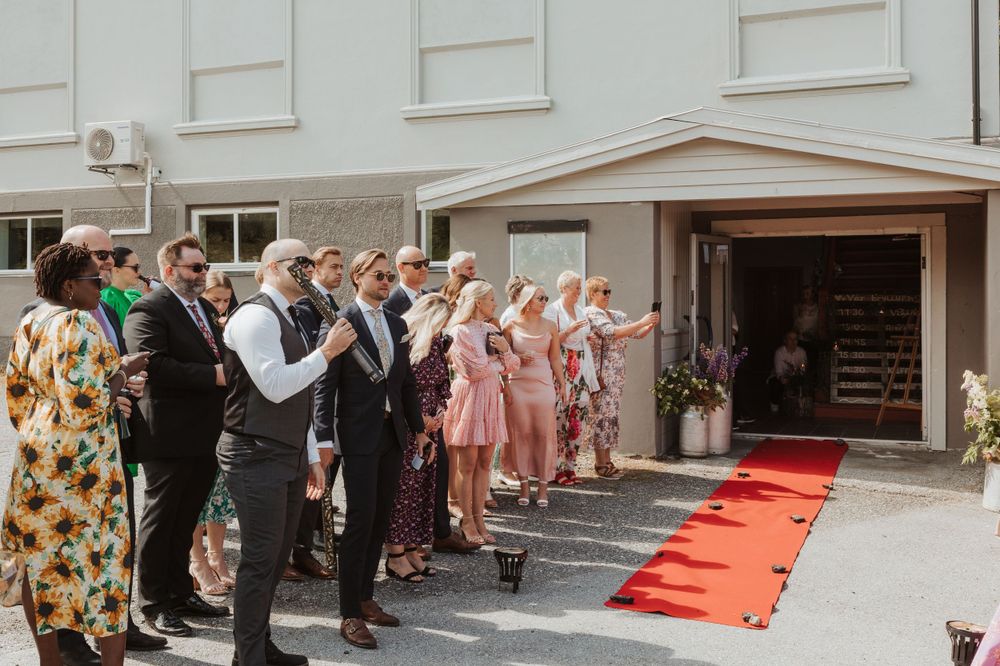 Wedding party lines up on a red carpet outside a white building entrance.