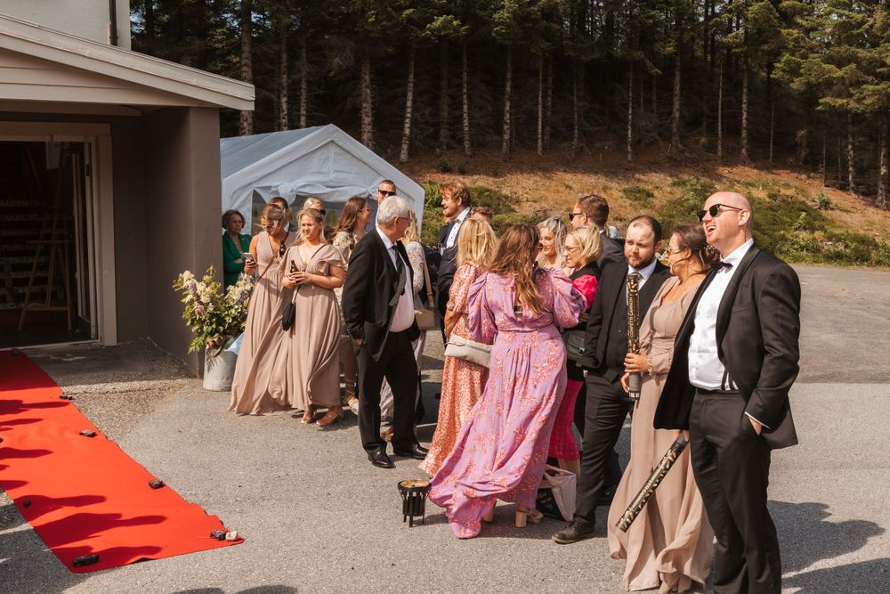 Wedding guests in formal attire stand along a red carpet outside a building.