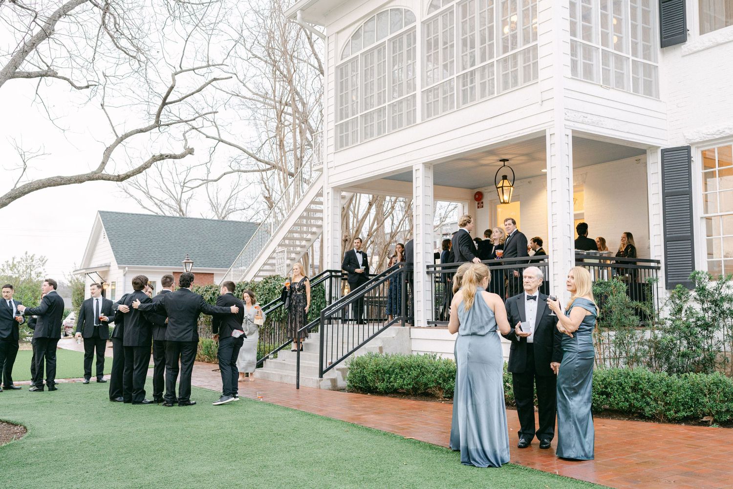Woodbine Mansion Austin Texas Winter Wedding Fine Art Editorial Photography back lawn cocktail hour guests