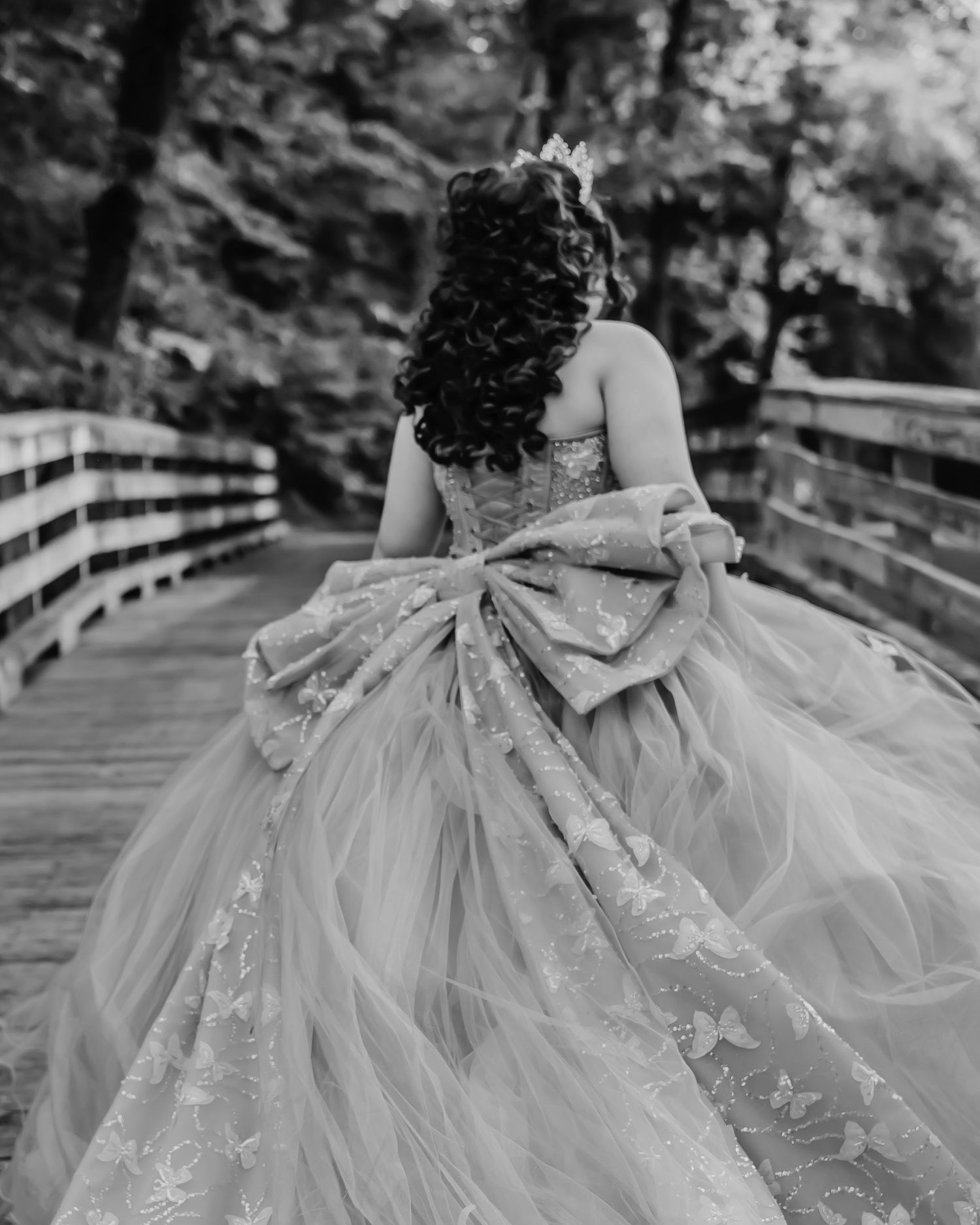 Black and white photo of an ornate ball gown with detailed back bow captured on a wooden bridge.