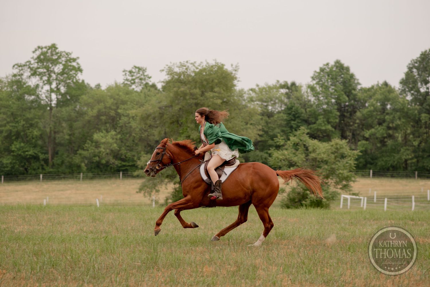 A chestnut horse cantering across a grassy field with rider in green attire.
