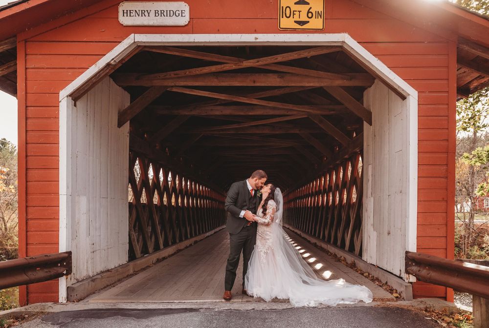 A series of photos showing a red covered bridge interior with couples in wedding attire posing at different angles.