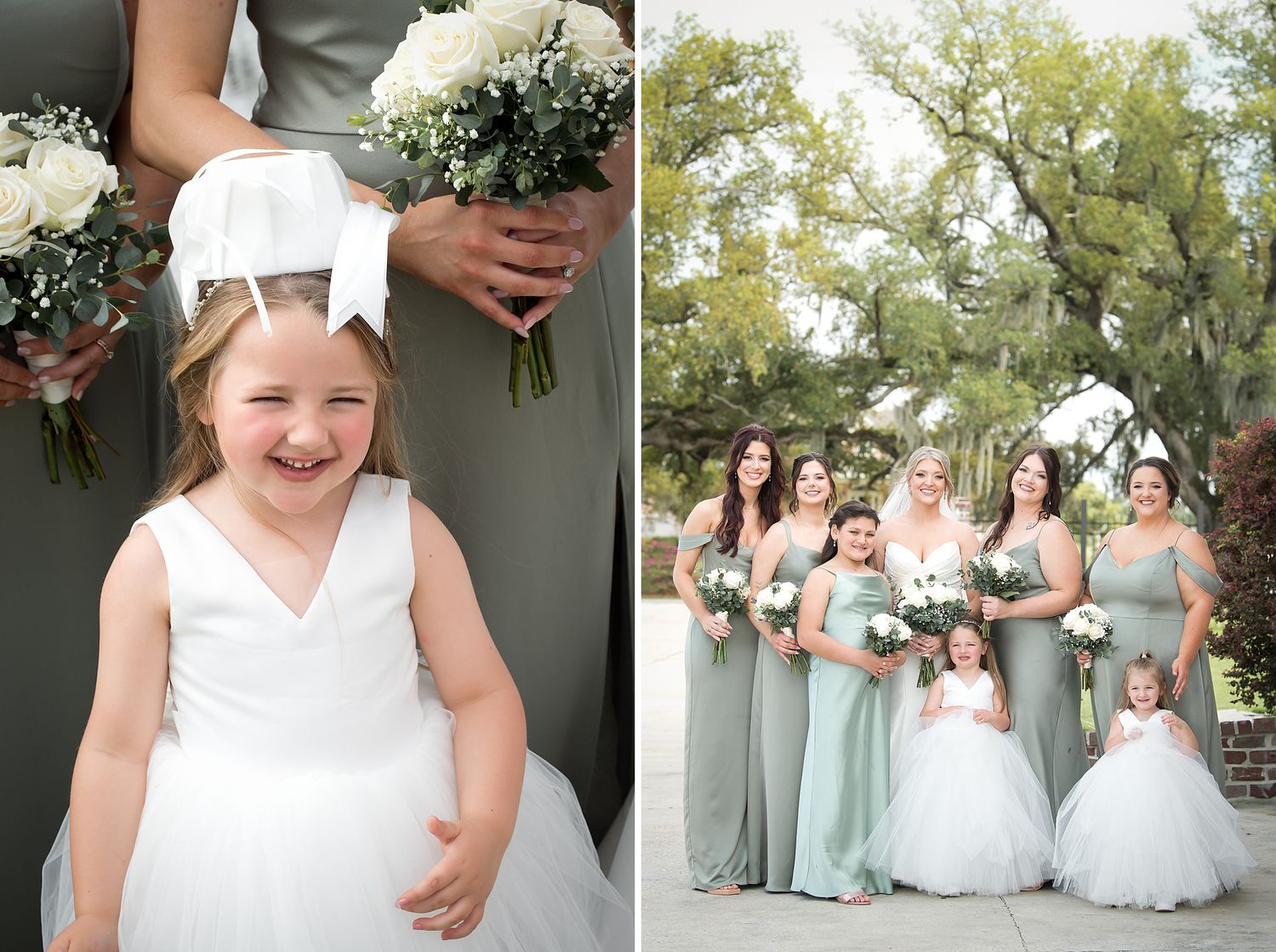 Wedding party members in mint green dresses and white gowns pose for formal photos.