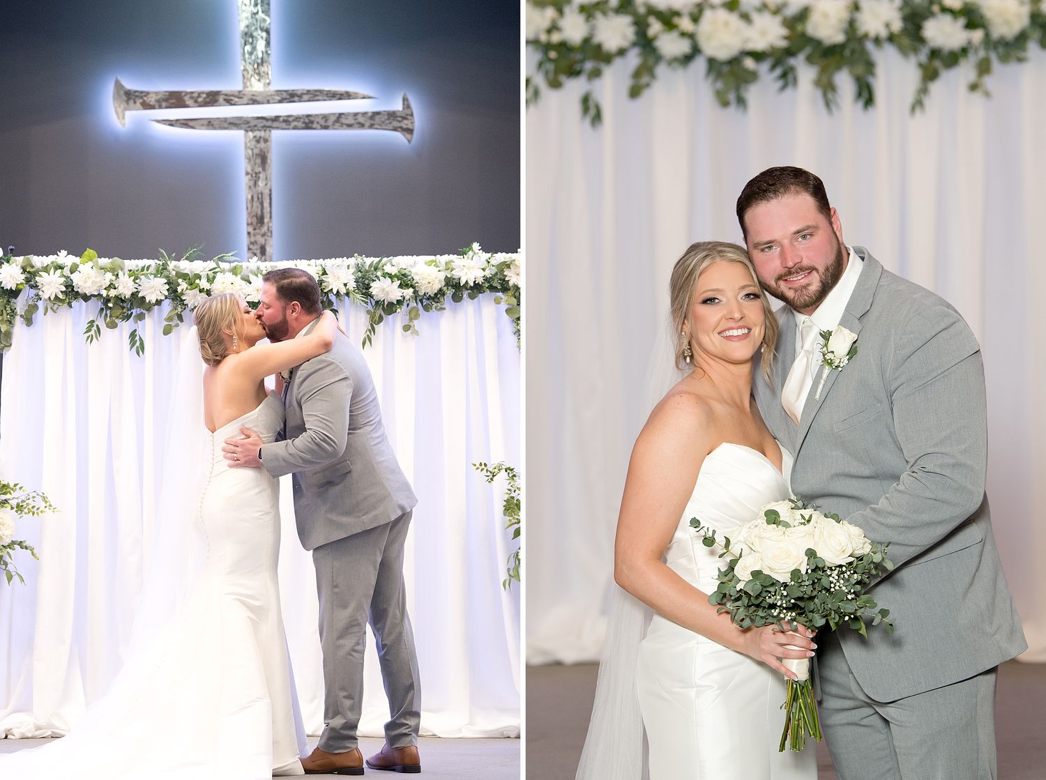 Wedding altar decorated with illuminated cross and white floral garlands against light backdrop.