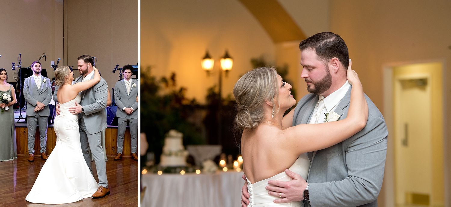 Reception venue decorated with warm lighting and elegant wedding decor.