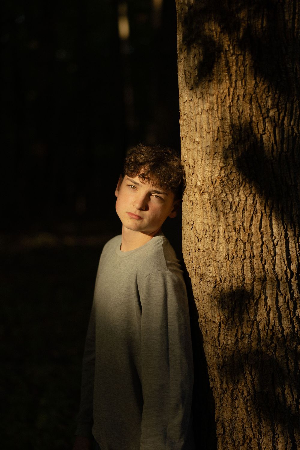 A person in a grey sweater leans against a tree trunk in dramatic golden sunlight creating moody shadows.