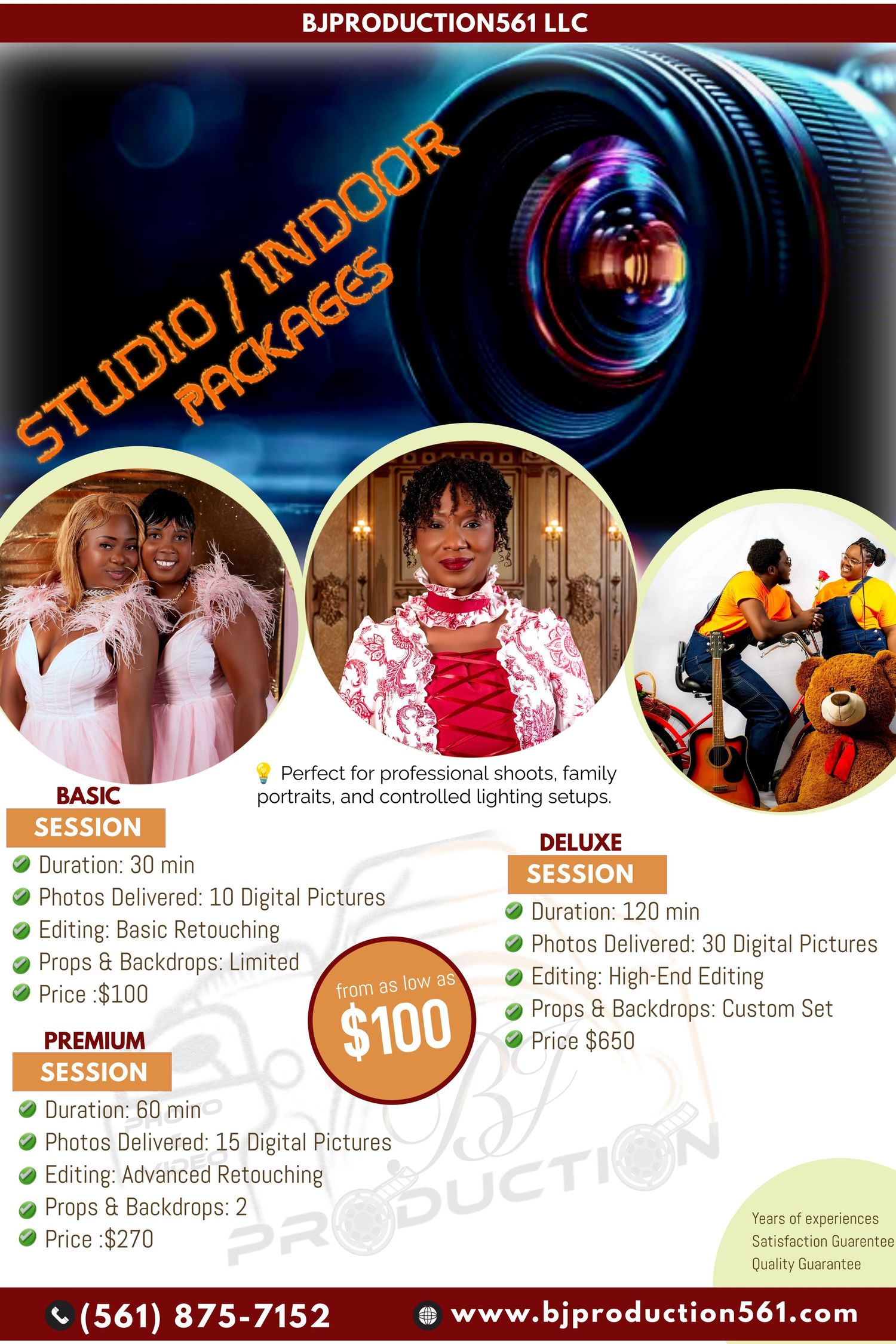Photography service flyer featuring studio and indoor packages with pricing and sample photos.