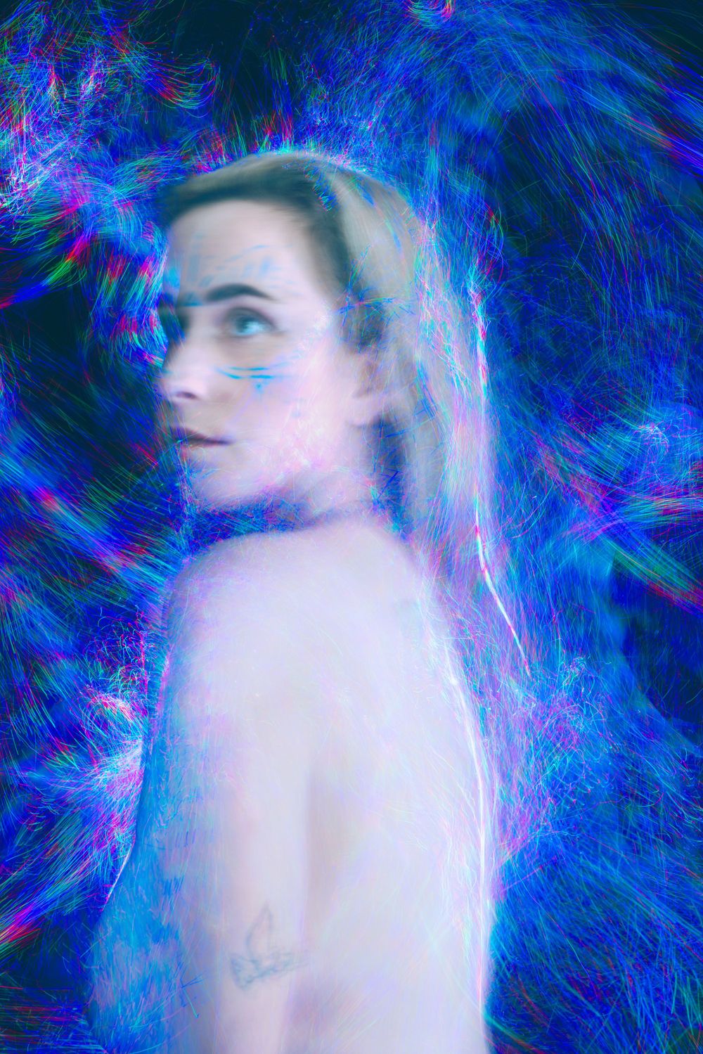Abstract portrait series with electric blue light trails and motion effects.