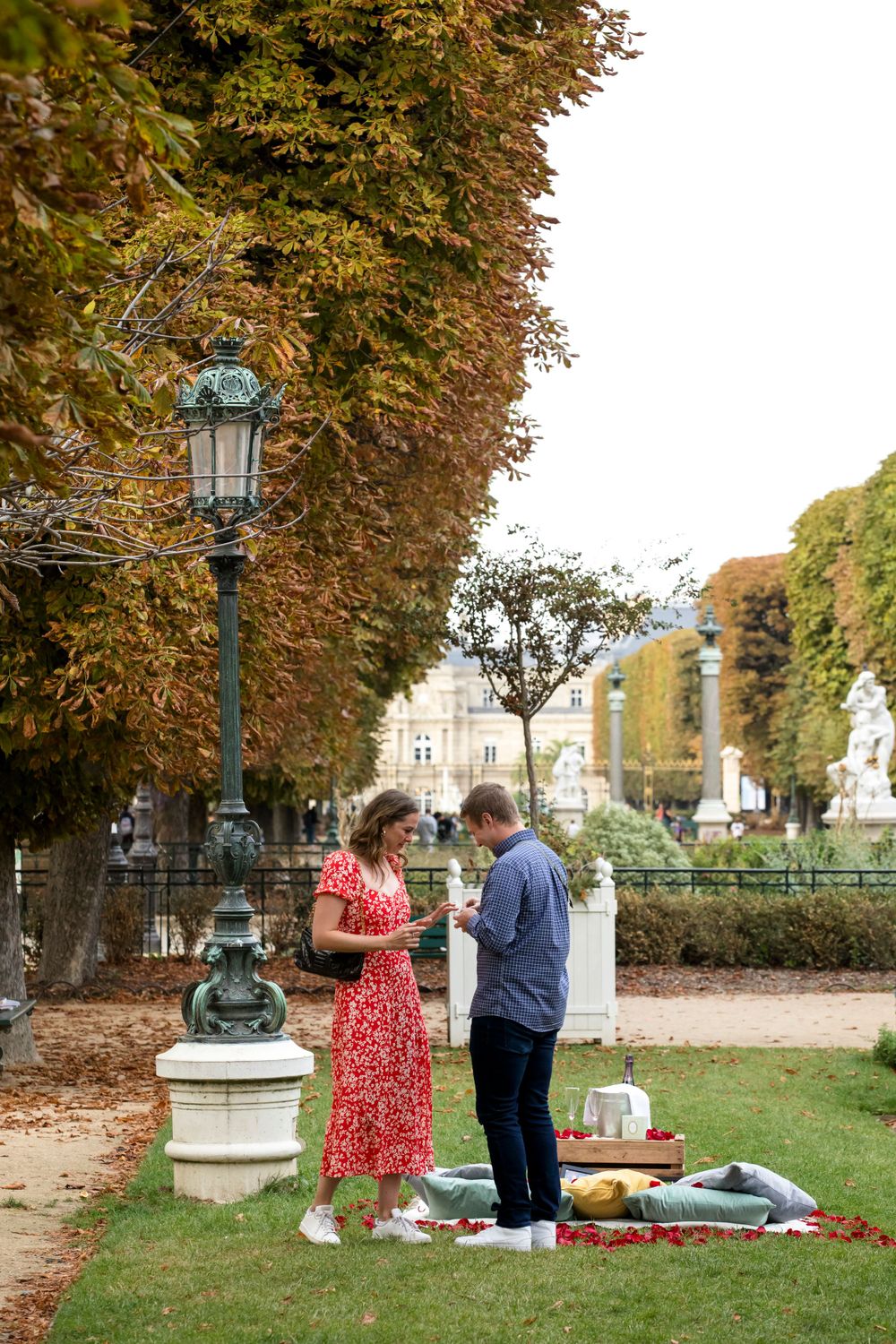 Candid long-distance shot of a surprise engagement in a hidden Parisian garden.