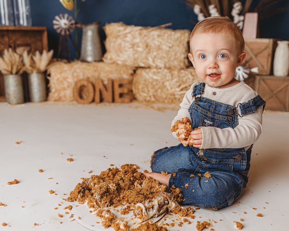 Professional photo of a toddler in overalls smashing a cake