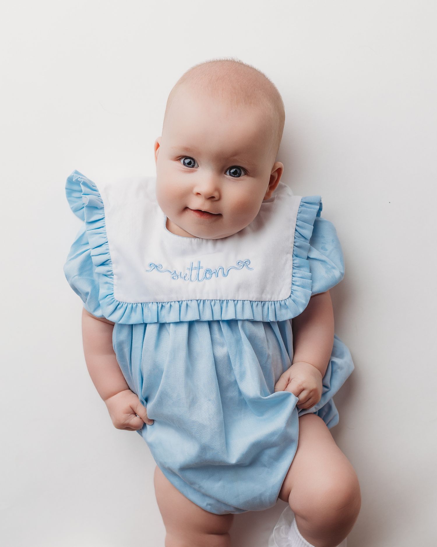 heirloom milestone session in central maine studio in bubble dress