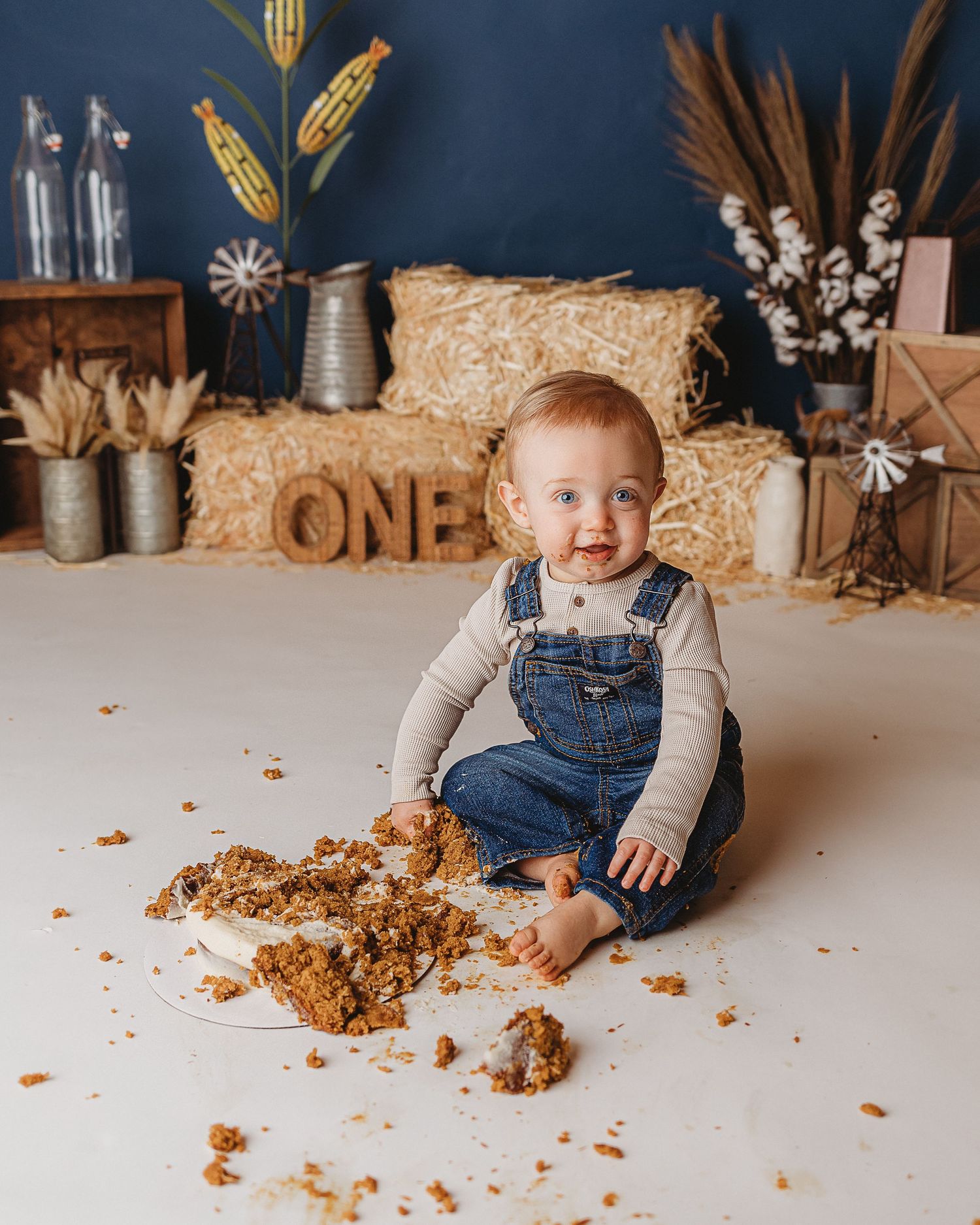 Professional photo of a toddler in overalls smashing a cake