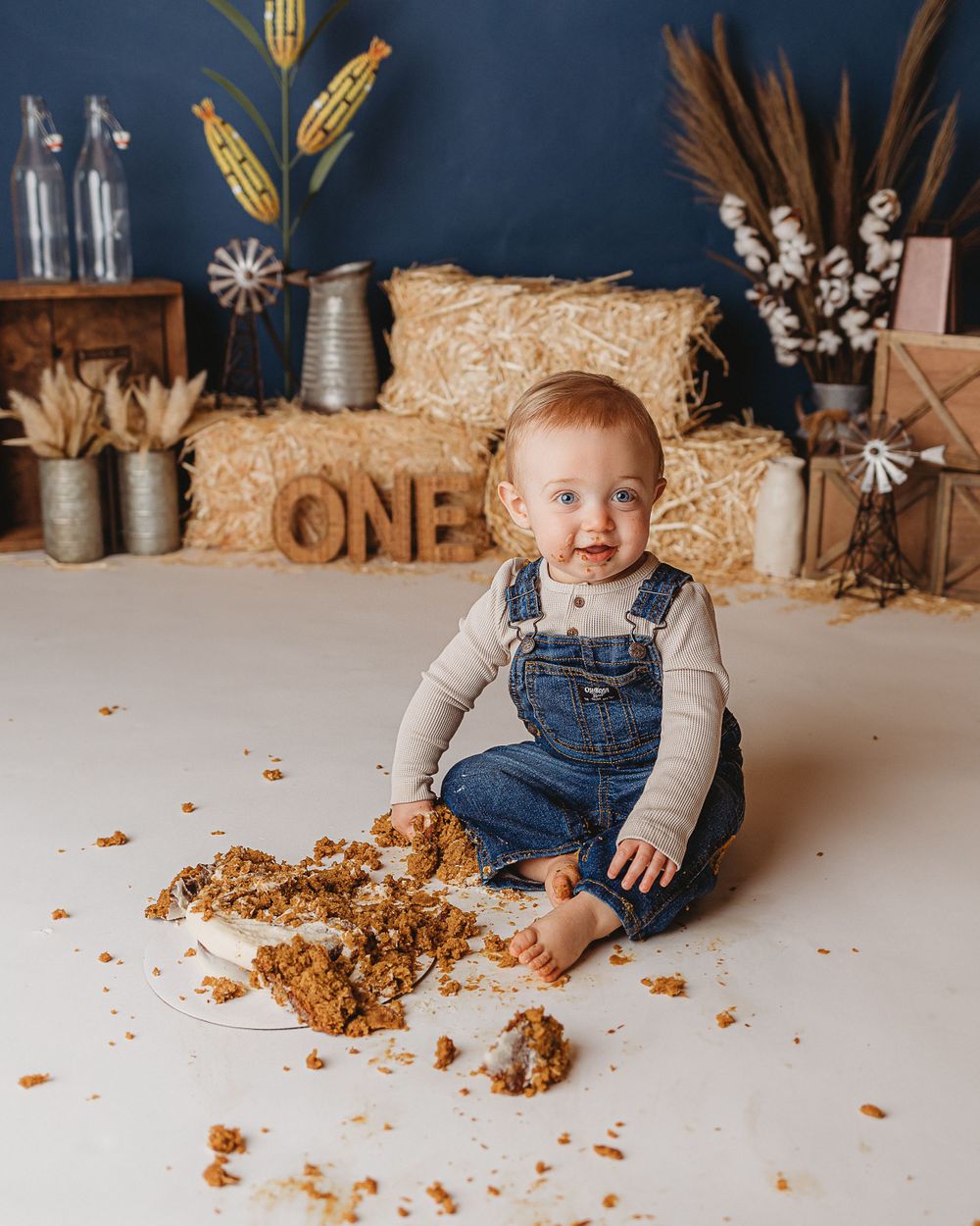 Professional photo of a toddler in overalls smashing a cake