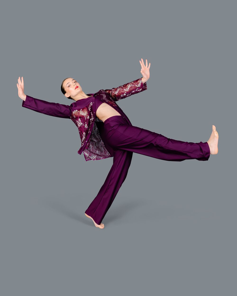 A dancer in purple attire performs a graceful aerial movement sequence across five connected frames.