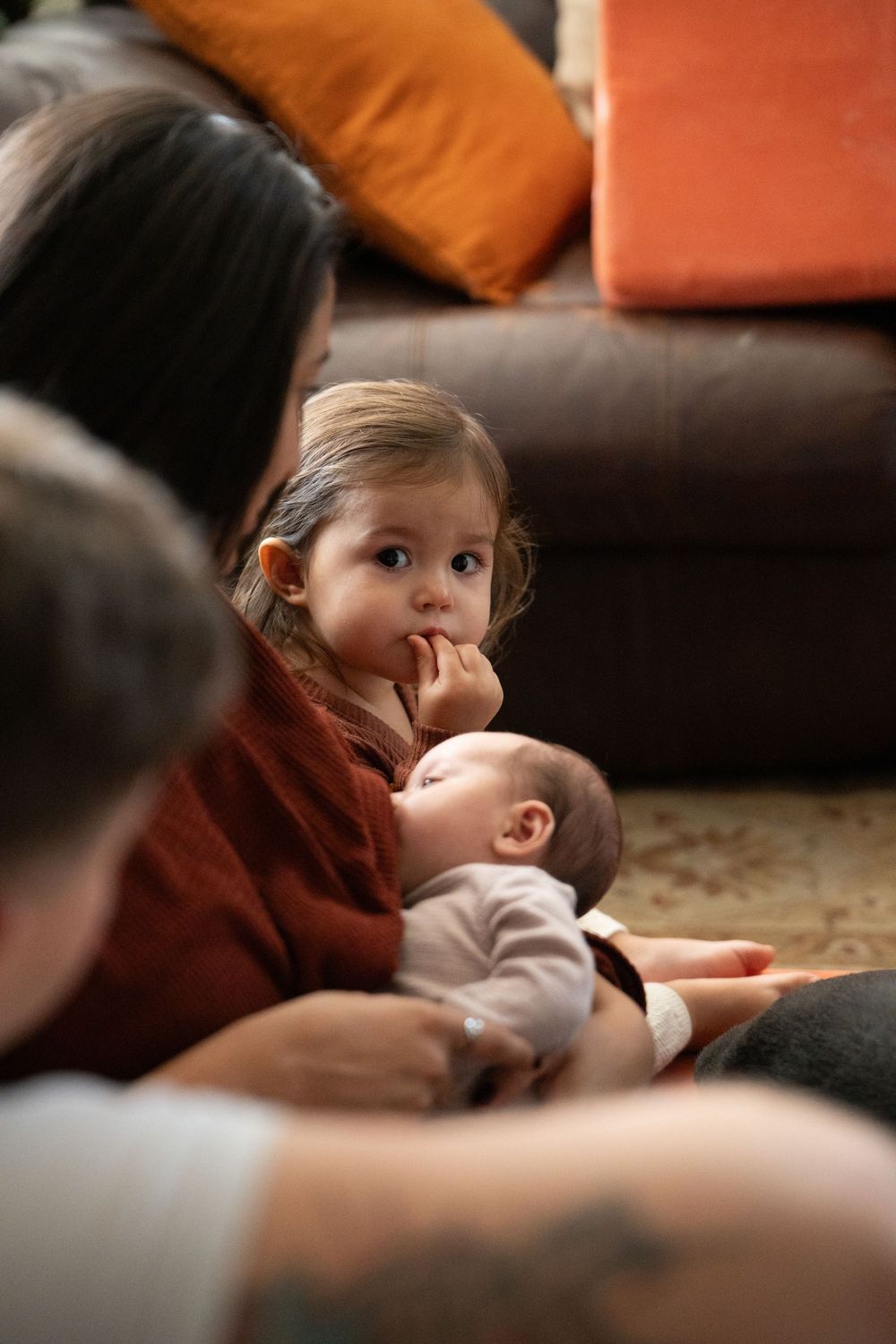 A toddler girl in a red sweater holds a newborn baby while sitting on the floor near a brown sofa with orange pillows. in home session,