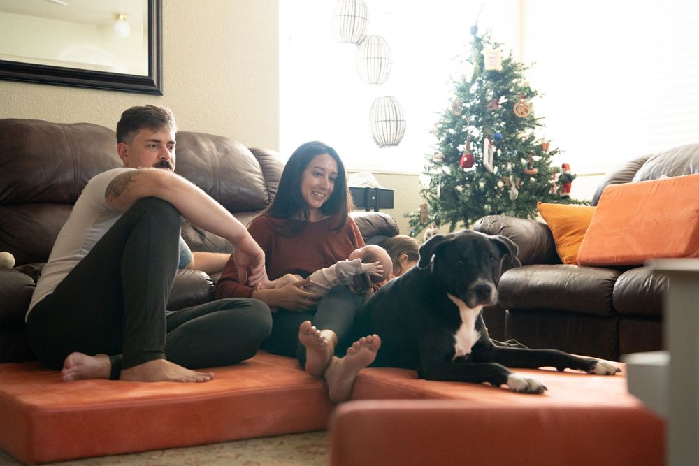 Family with baby and large black dog relaxing on floor by Christmas tree in cozy living room.
in home session, Ramona