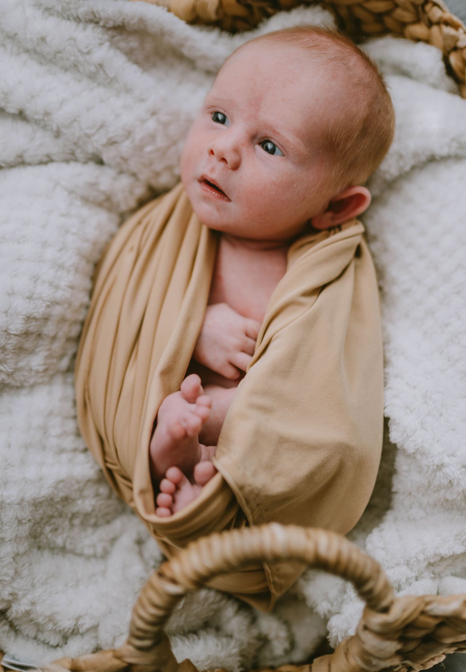 Newborn photography featuring soft beige wrapping and textured white bedding.