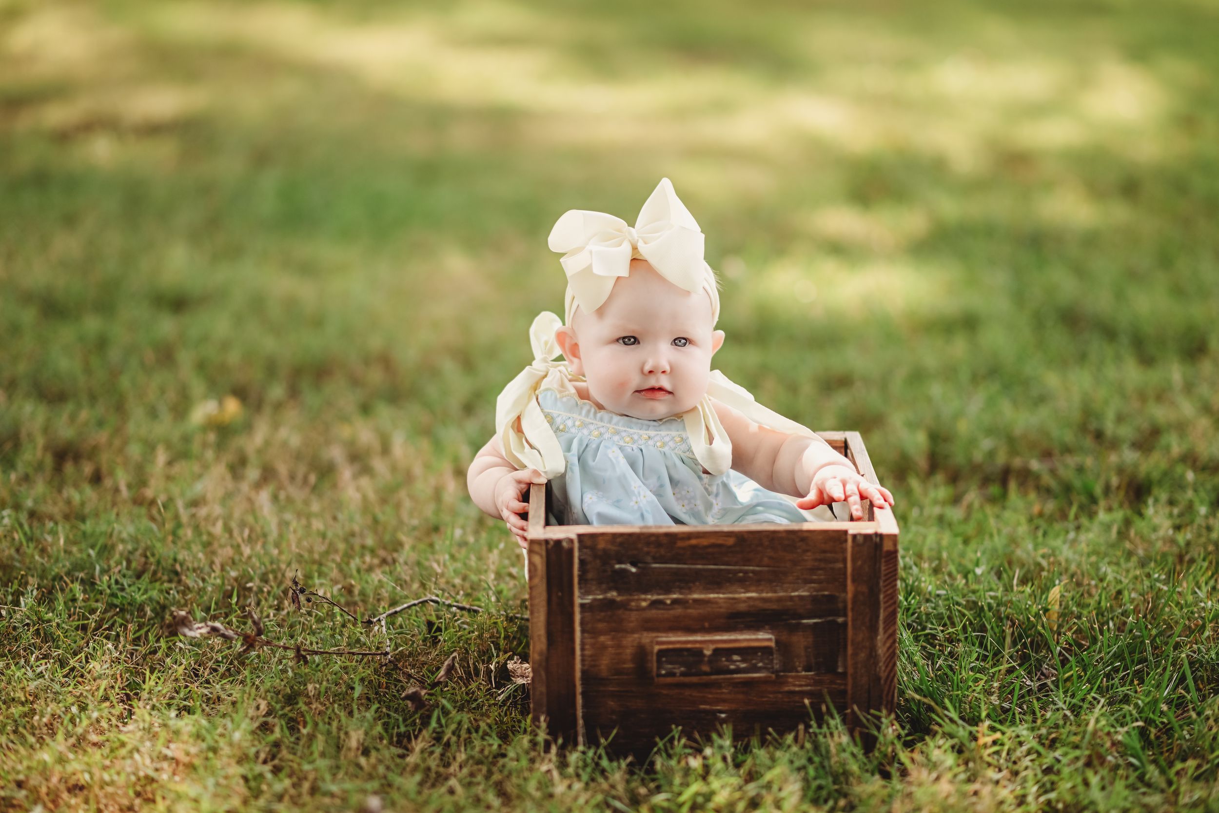 Baby sits in rustic wooden crate during outdoor photo session on grass.