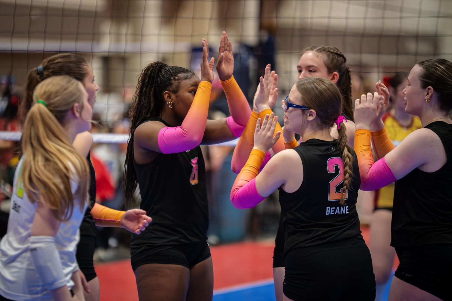 Volleyball players celebrate point with hands raised during competitive match.