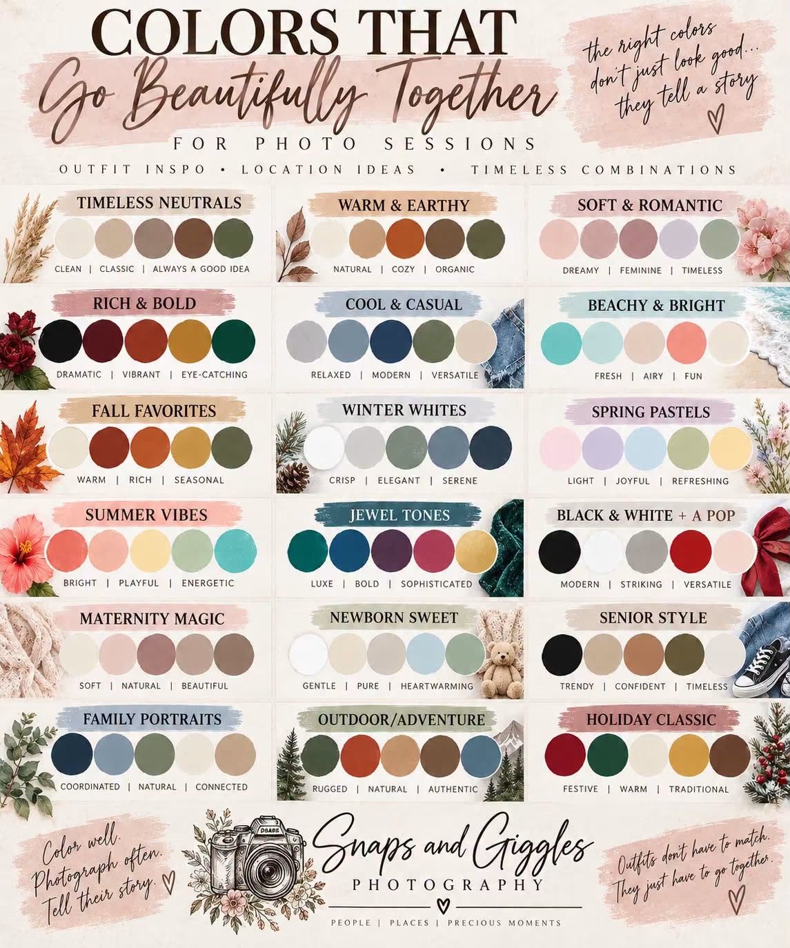Color palette guide for photo sessions showing timeless, bold, earthy, and seasonal outfit combinations by Snaps and Giggles Photography.