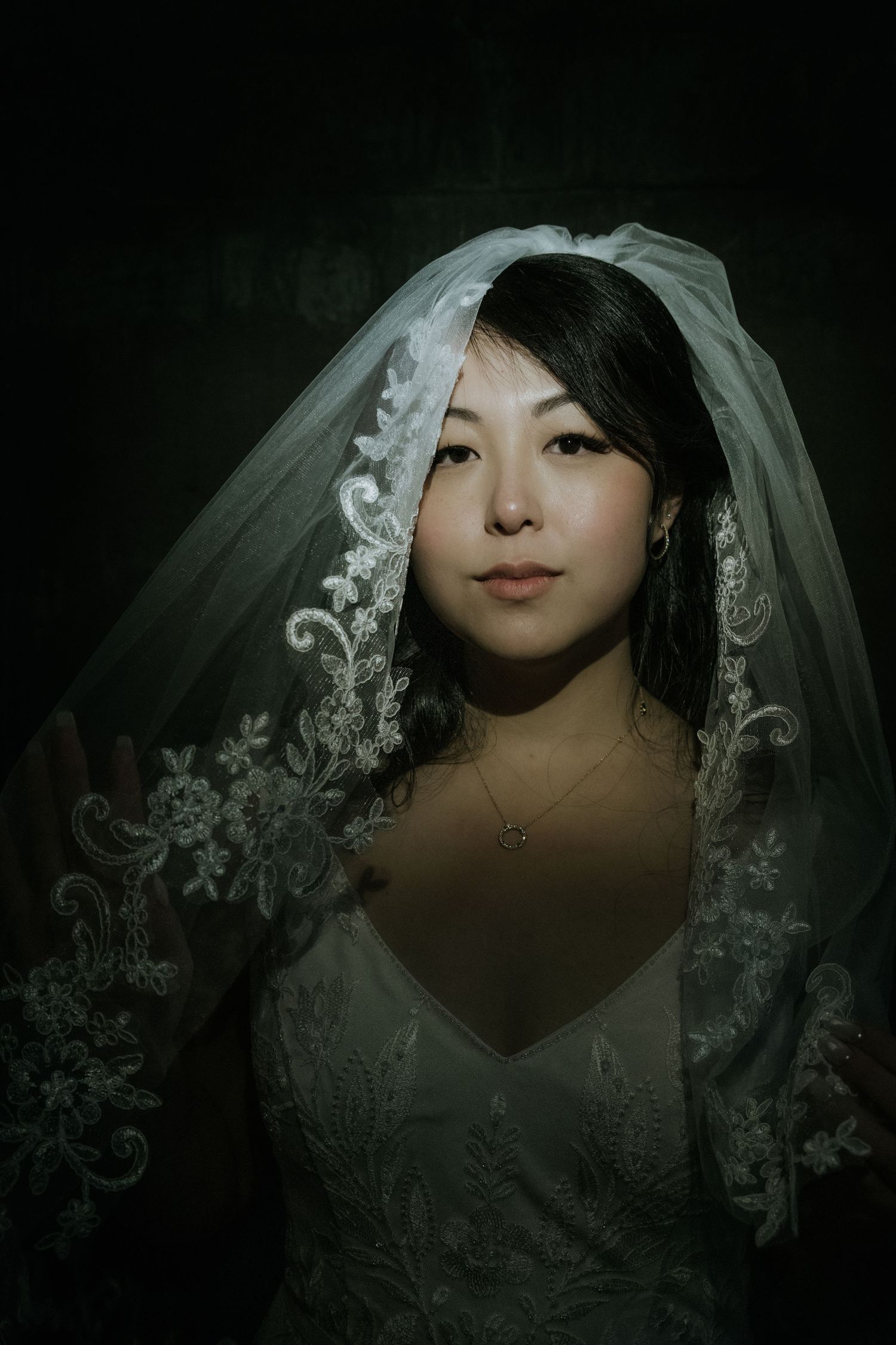A dramatic bridal portrait series showing a delicate lace veil against a dark background in moody lighting.