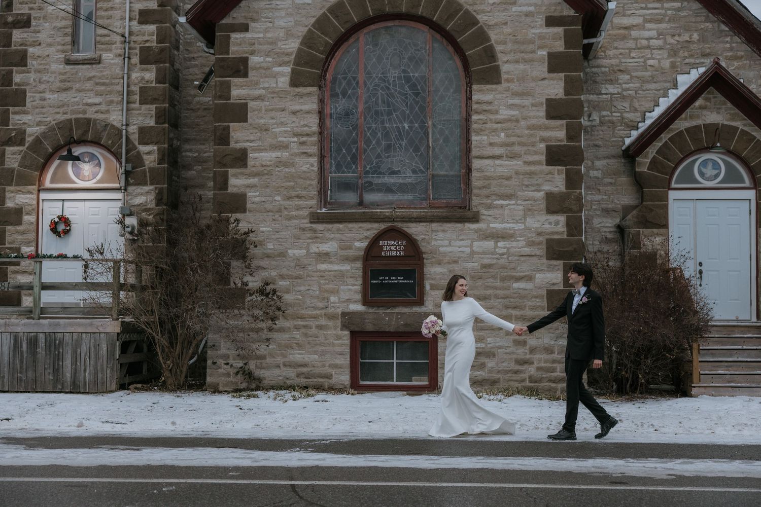 A series of five connected images showing a stone church exterior with snowy winter scenes and figures walking past.