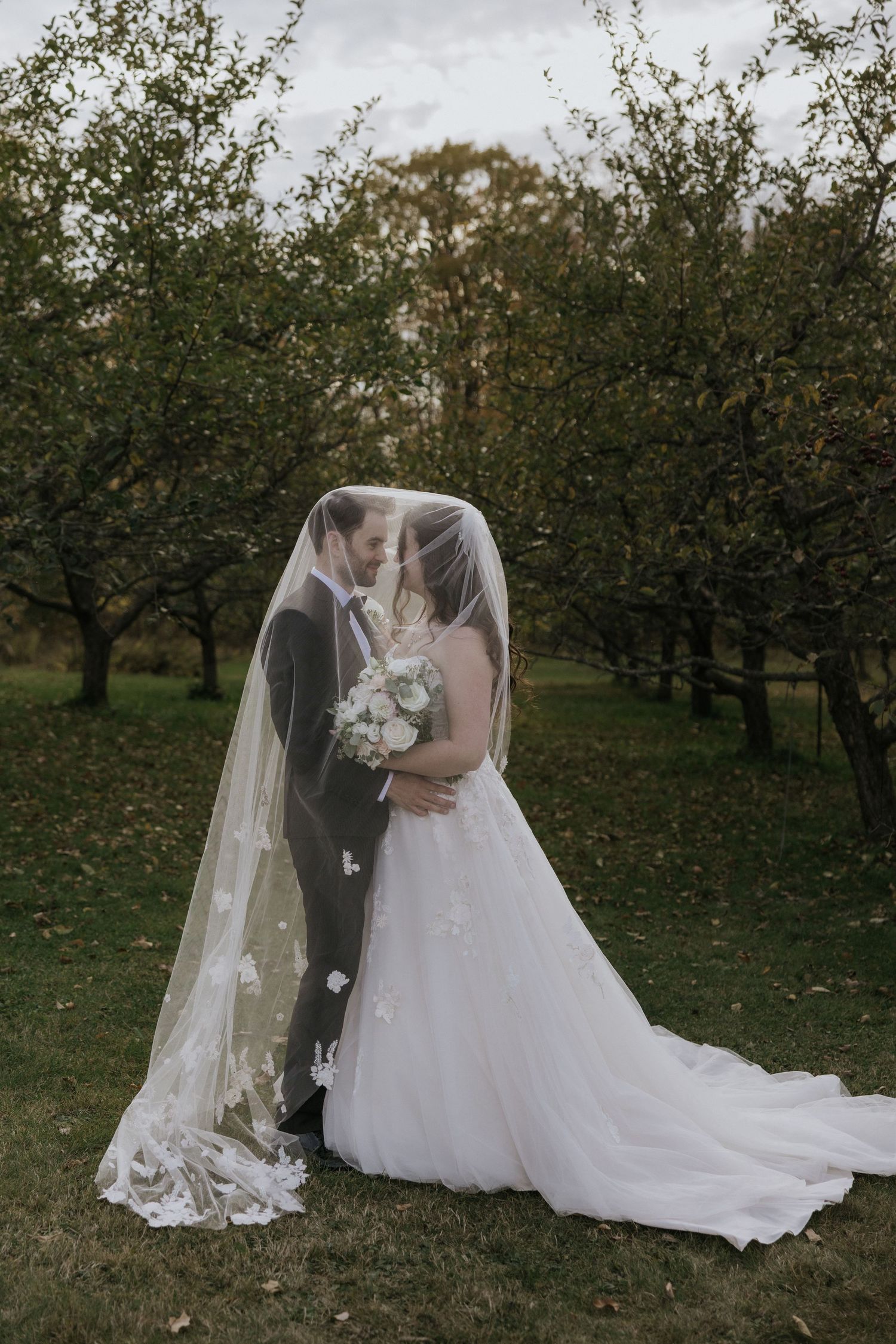 A romantic wedding couple embraces in an apple orchard on an autumn day, the bride wearing a flowing white gown with veil.