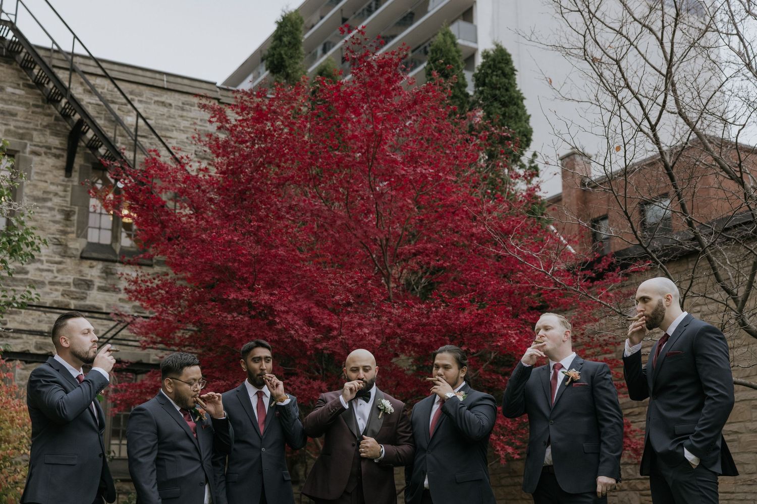 People gather outdoors near vibrant red autumn trees during a formal event at a historic building.