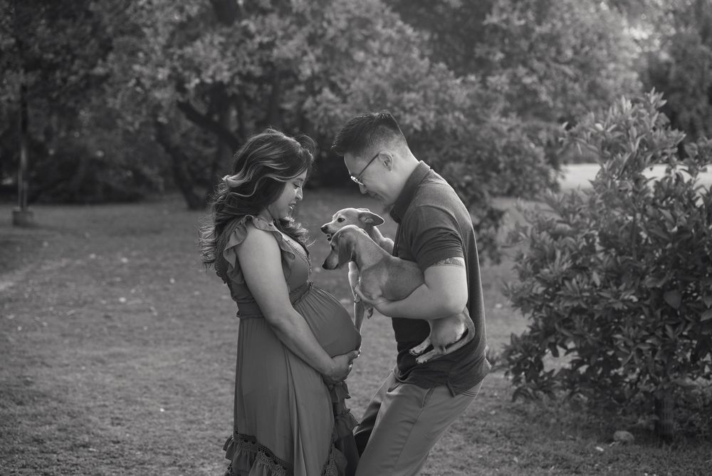 Black and white photo of a pregnant couple with a dog in a lush park setting.