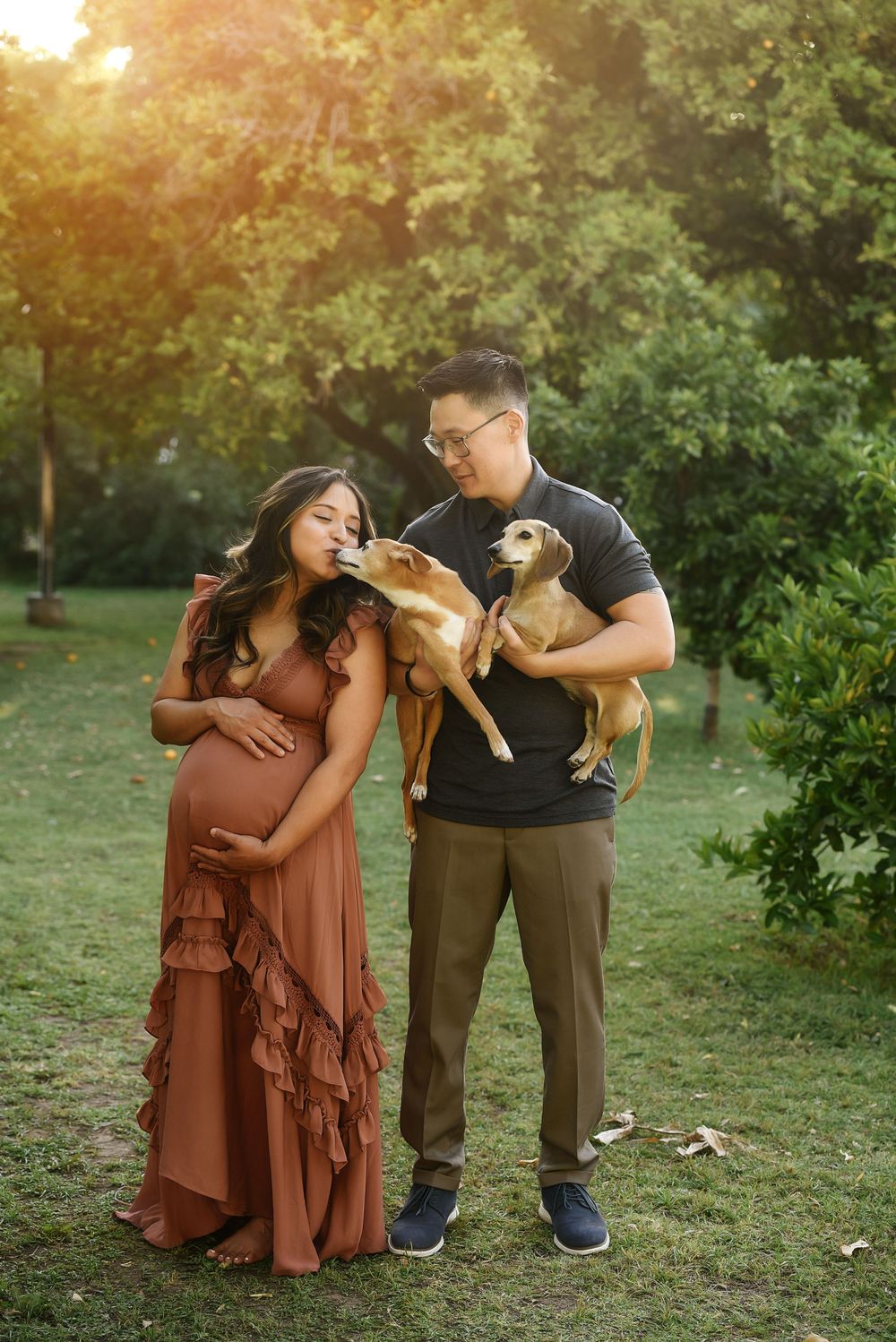 Pregnant woman in rust dress and man holding dog share tender moment outdoors during golden hour maternity photo session.