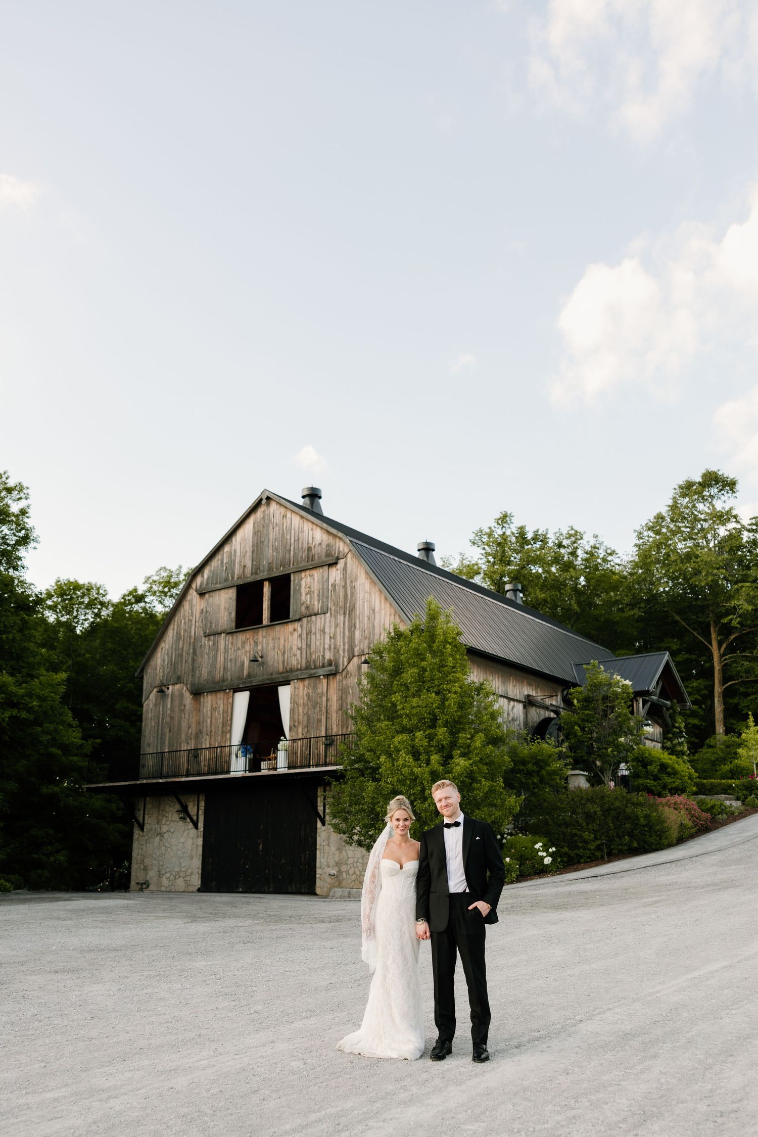 Editorial bride and groom portrait at a modern barn wedding venue near Toronto