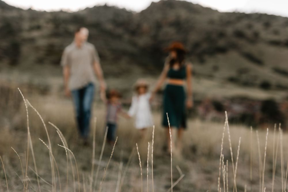 A soft focus portrait of a family walking together in a desert grassland setting.
