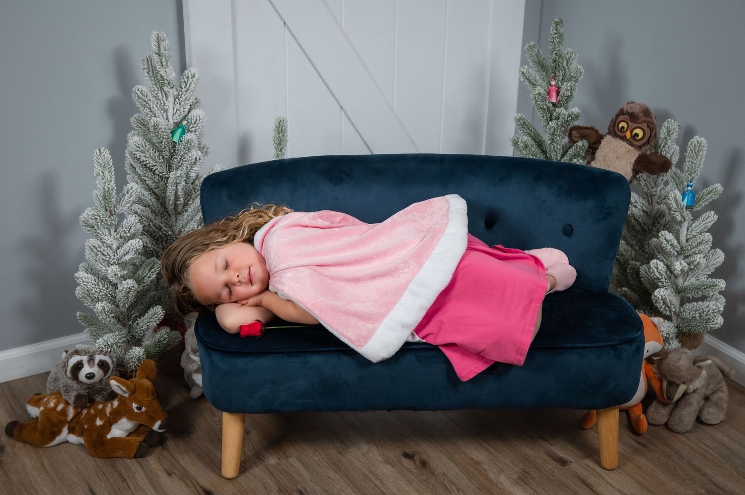 Whimsical holiday portrait with origami paper swans on blue fabric against a velvet couch and small trees.