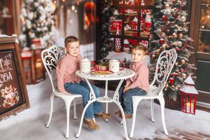 Two young boys in matching red plaid shirts sit at a white ornate table in a festive Christmas decorated setting.