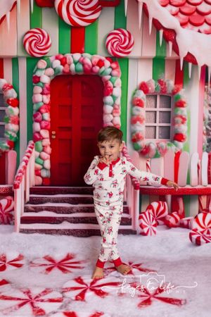 A whimsical candy-themed holiday set with peppermint decorations and a red door.
