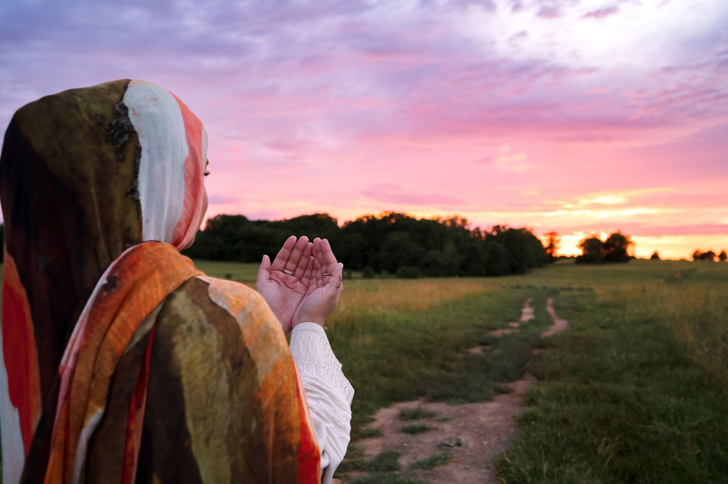 Pink and orange sunset sky over a rural dirt path through grassy fields at dusk.