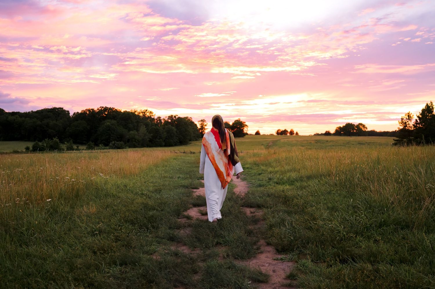A silhouette figure walks through a golden field at sunset with pink and orange clouds in the sky.