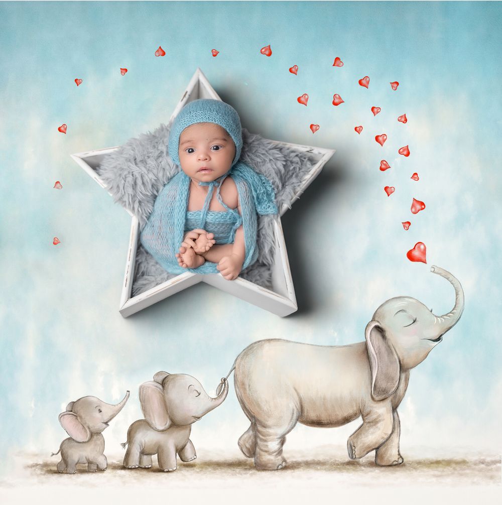 Artistic collage showing a baby in star-shaped frame with whimsical elephants and hearts against blue watercolor background.