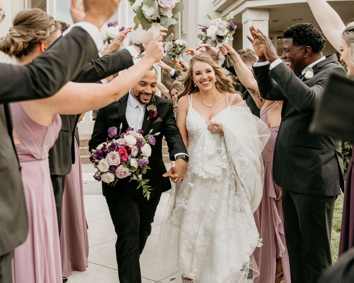 bridal party wedding st Louis tunnel live gown tux bouquet