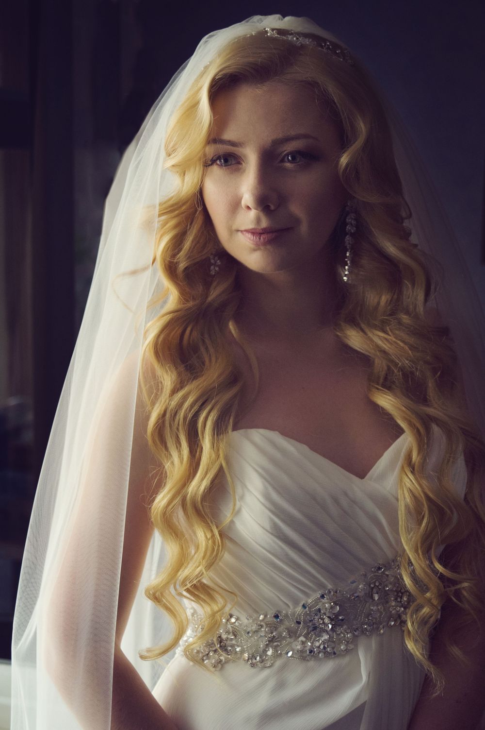 Elegant bridal portrait with veil, fine art wedding photography