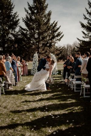 Wedding ceremony taking place outdoors with guests watching as couple stands beneath evergreen trees on a sunny afternoon.