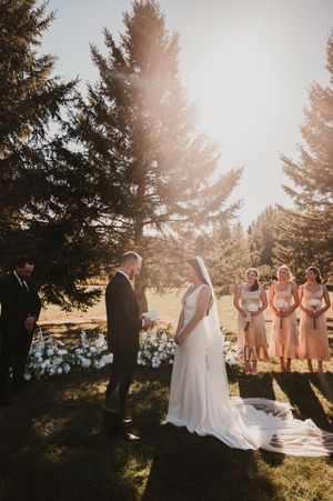 An outdoor wedding ceremony in a sunlit forest setting with bridesmaids in peach dresses and evergreen trees in background.