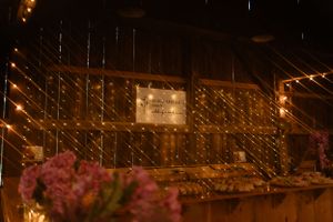 Decorative string lights illuminate a warm romantic evening setting with pink flowers in the foreground.