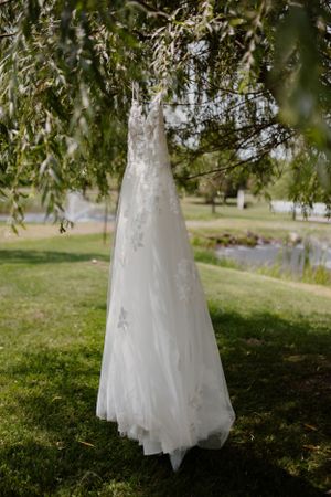 A white lace wedding dress hangs elegantly from a willow tree branch over grass and water in a garden setting.