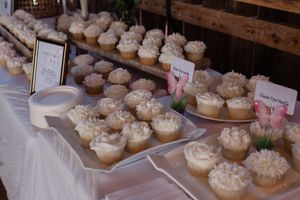 Rows of white frosted cupcakes displayed on a rustic dessert table with small pink signs and wooden decorative elements.