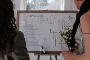 Wedding guests viewing a seating chart display with white flowers and elegant script at a reception venue.