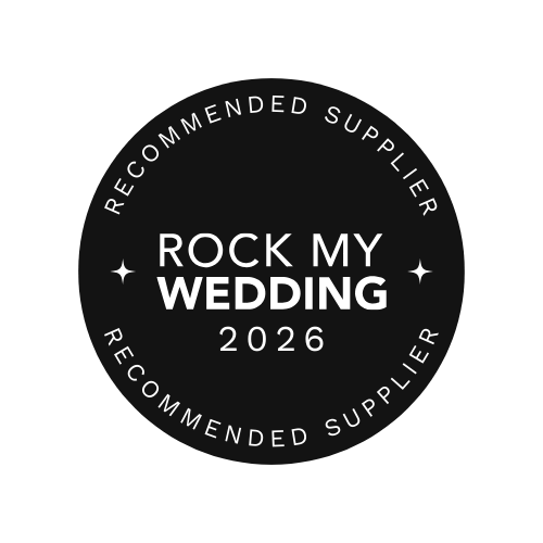 Collection of dark circular badges showing wedding and photography related text and dates. Worcestershire Wedding photographer.