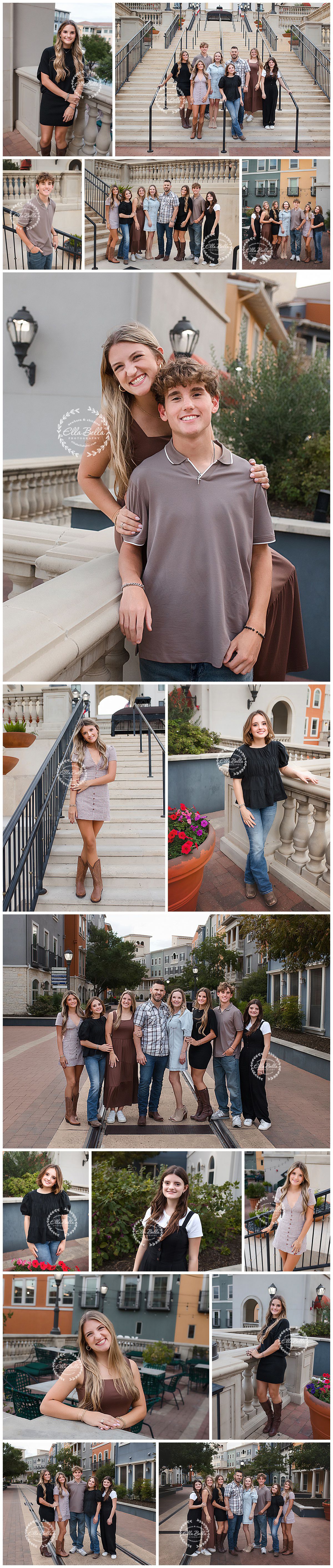 Group photo session on ornate stone steps and walkways featuring casual outfits and natural poses in an urban setting.